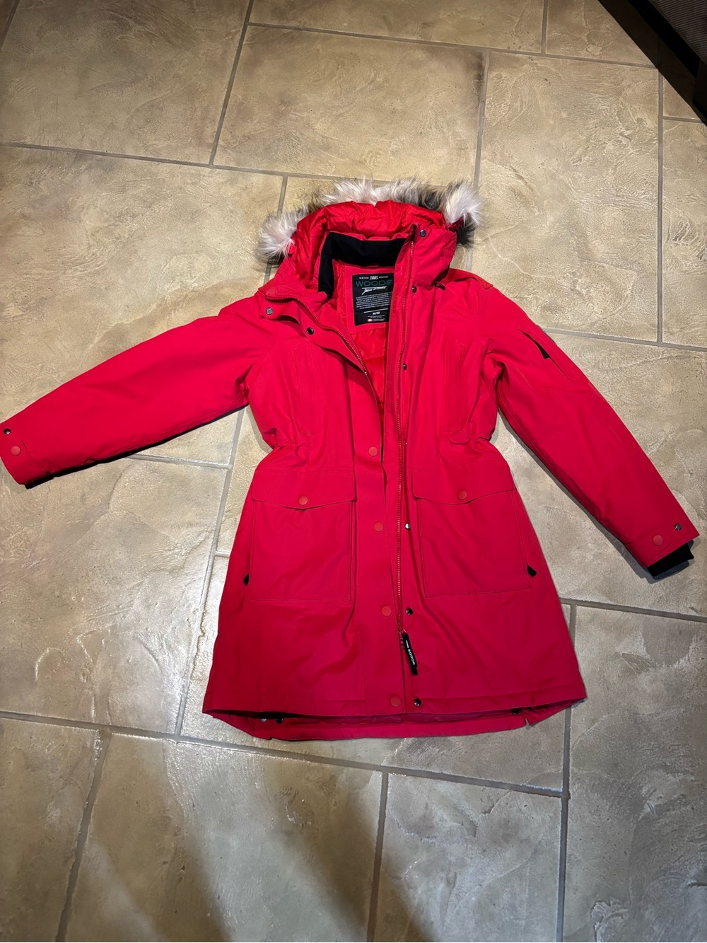 Women’s Woods Insulated Red Parka Jacket with Faux Fur Hood